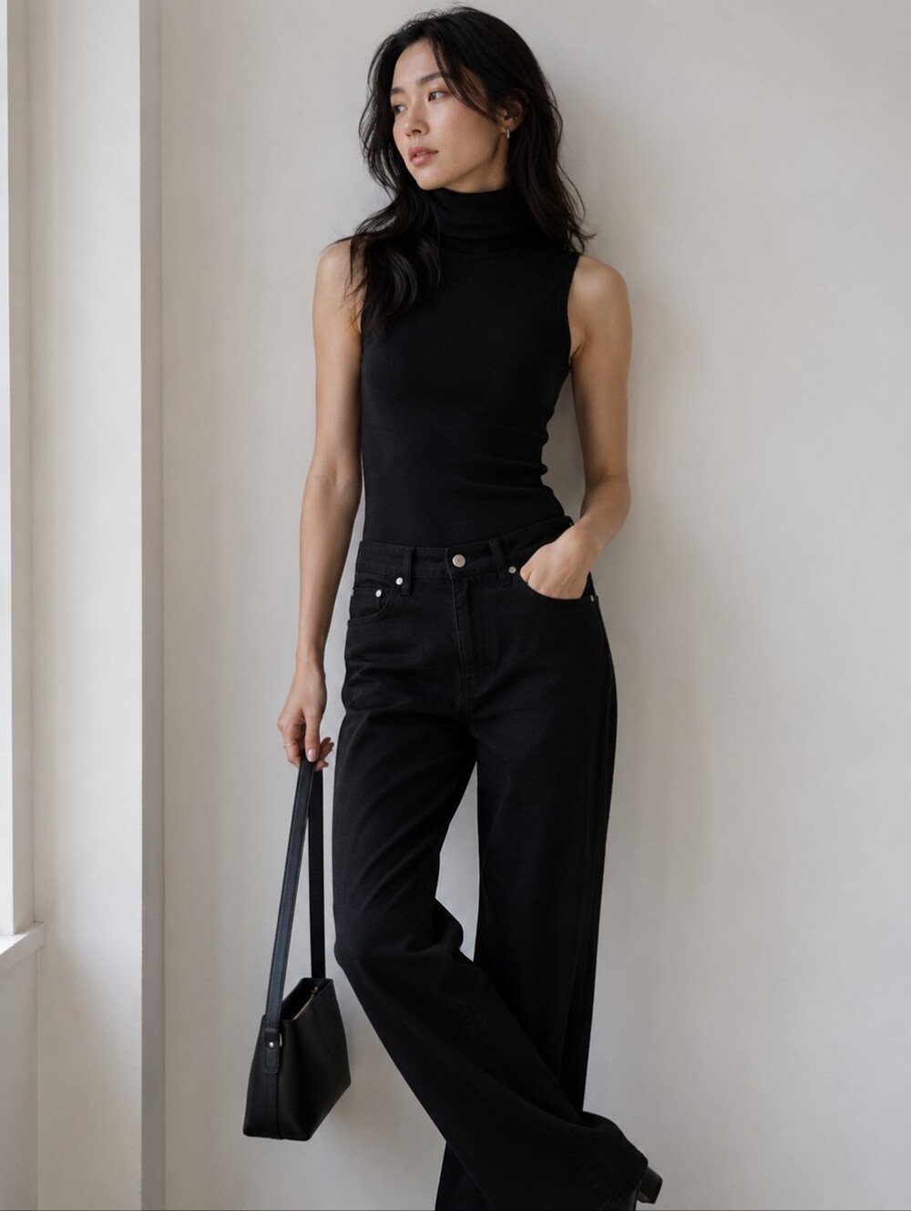 INTERMIX Black Sleeveless Turtleneck Bodysuit